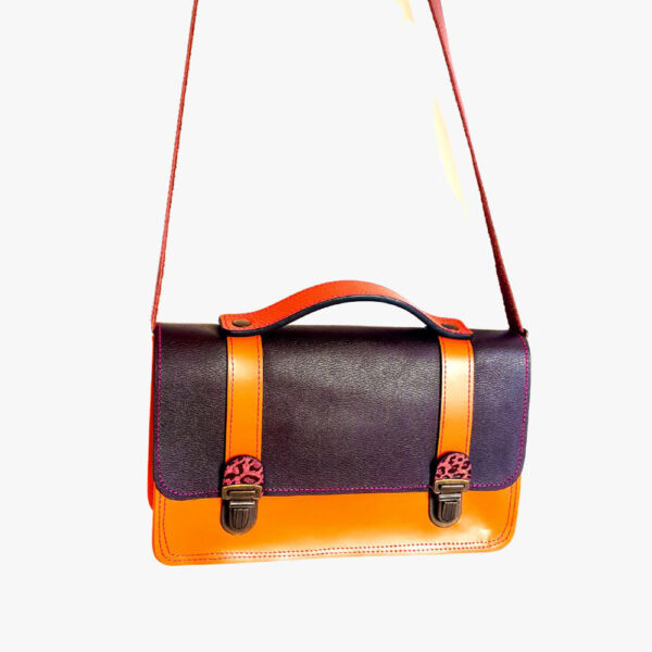 sac bandoulière en cuir, ODETTE orange, choco, violet, maela créations
