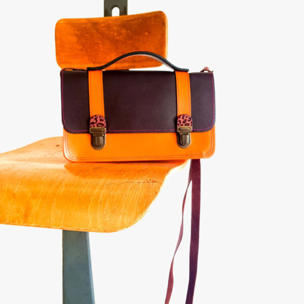 sac bandoulière en cuir, ODETTE orange, choco, violet, maela créations